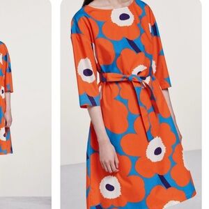 Marimekko Unikko Tarika Dress - orange and blue belted shift dress